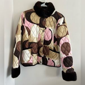Women’s Vintage Coach Logo Patterned Jacket with Mink Collar and Cuffs